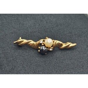 Vintage Faux Black Pearl Diamond Brooch Pin Gold Tone 1.75" Unmarked